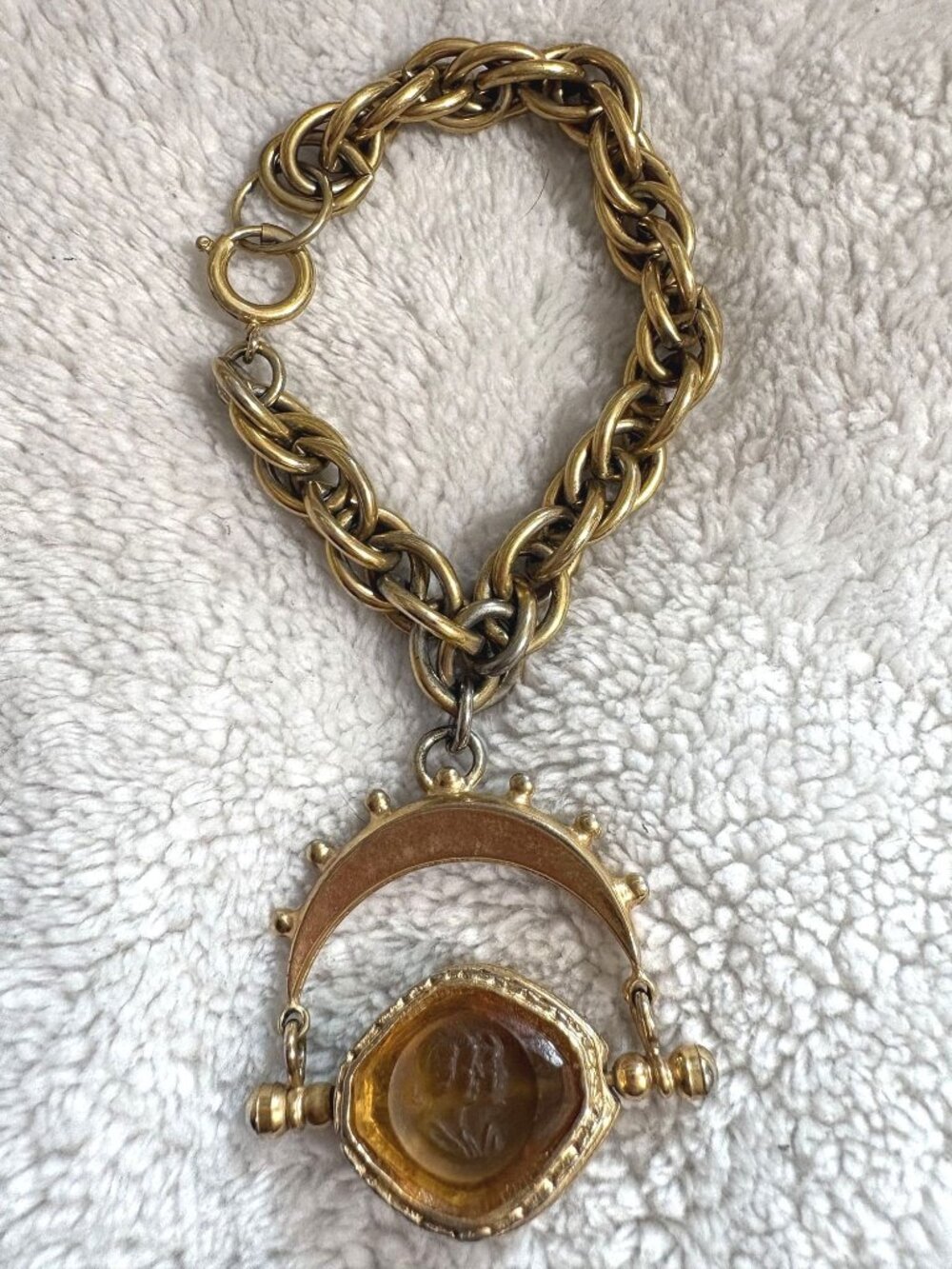 Vintage 1930s Germany Gold Tone Intaglio Spinner Fob Bracelet Amber Glass Portra